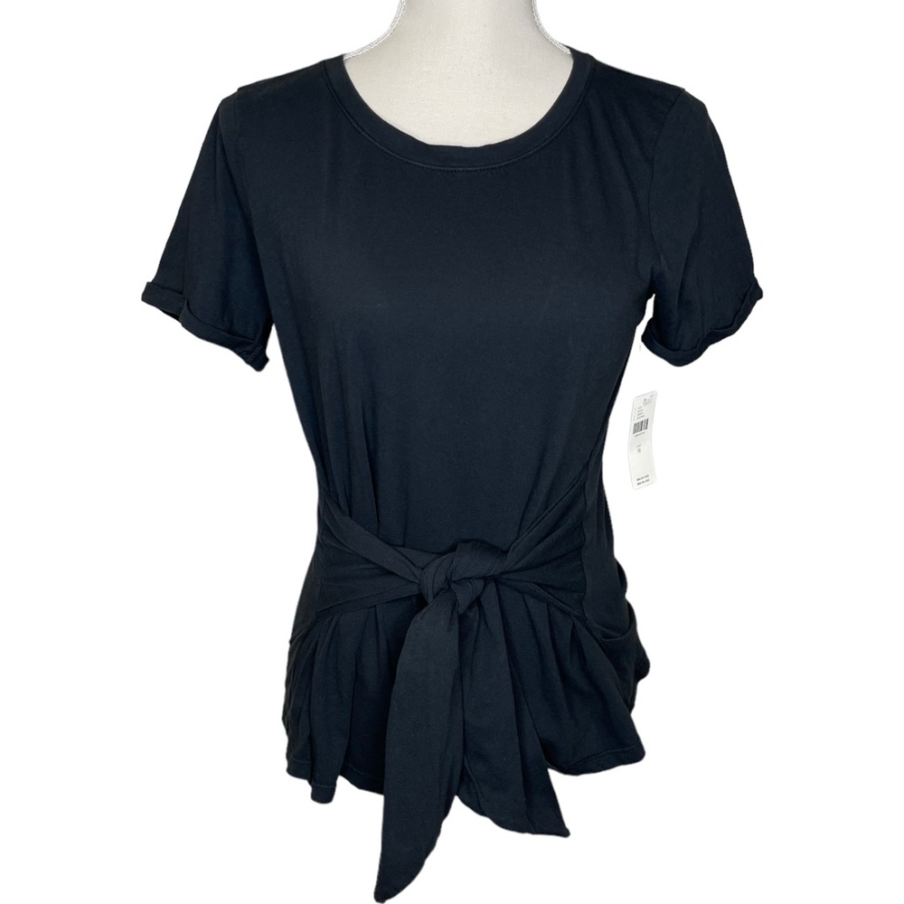 Anthropologie Black Rolled Short Sleeve Tie Front Top Size Medium